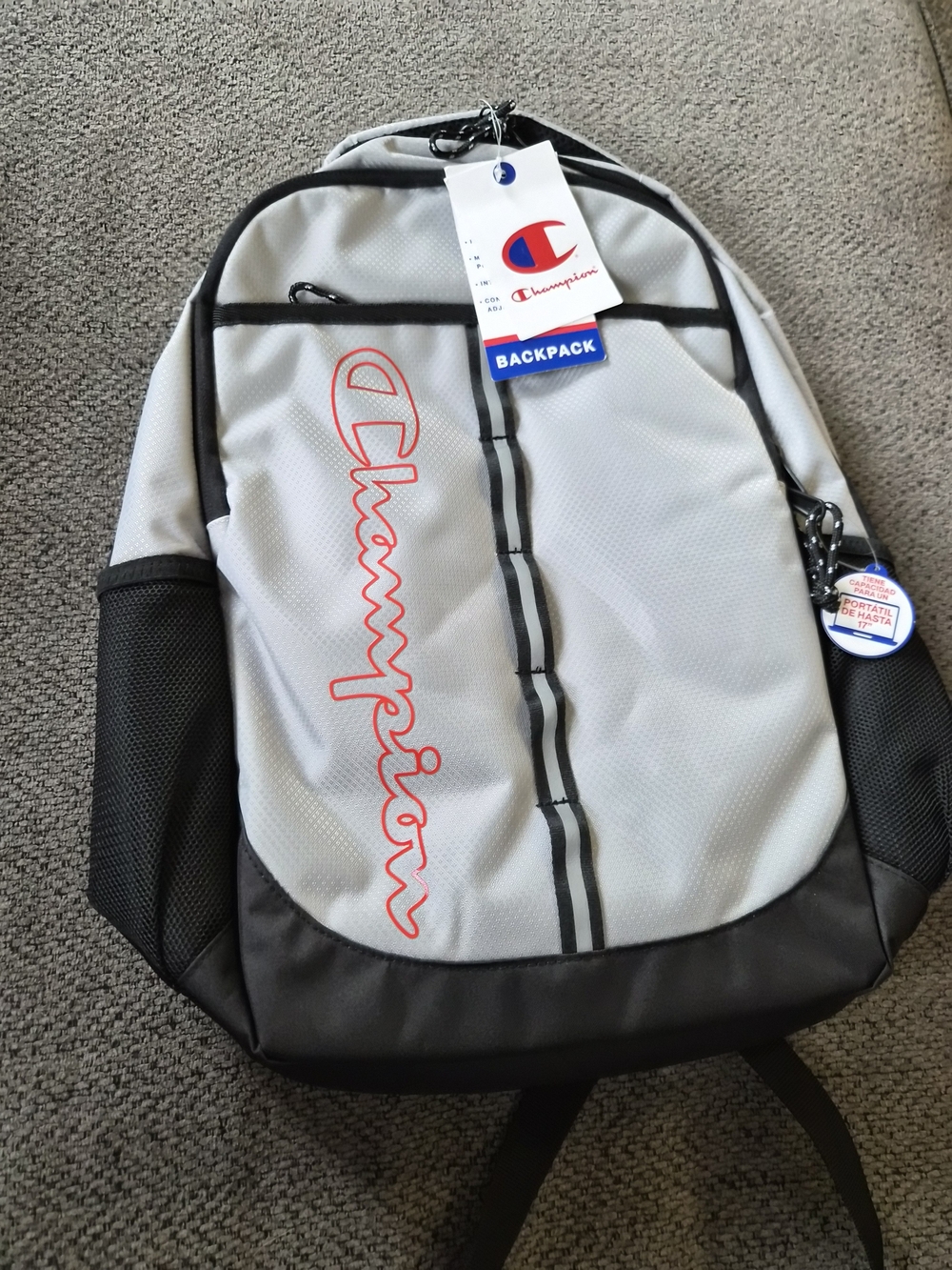 Champion Light Gray and Black Backpack with Red Script Logo NEW